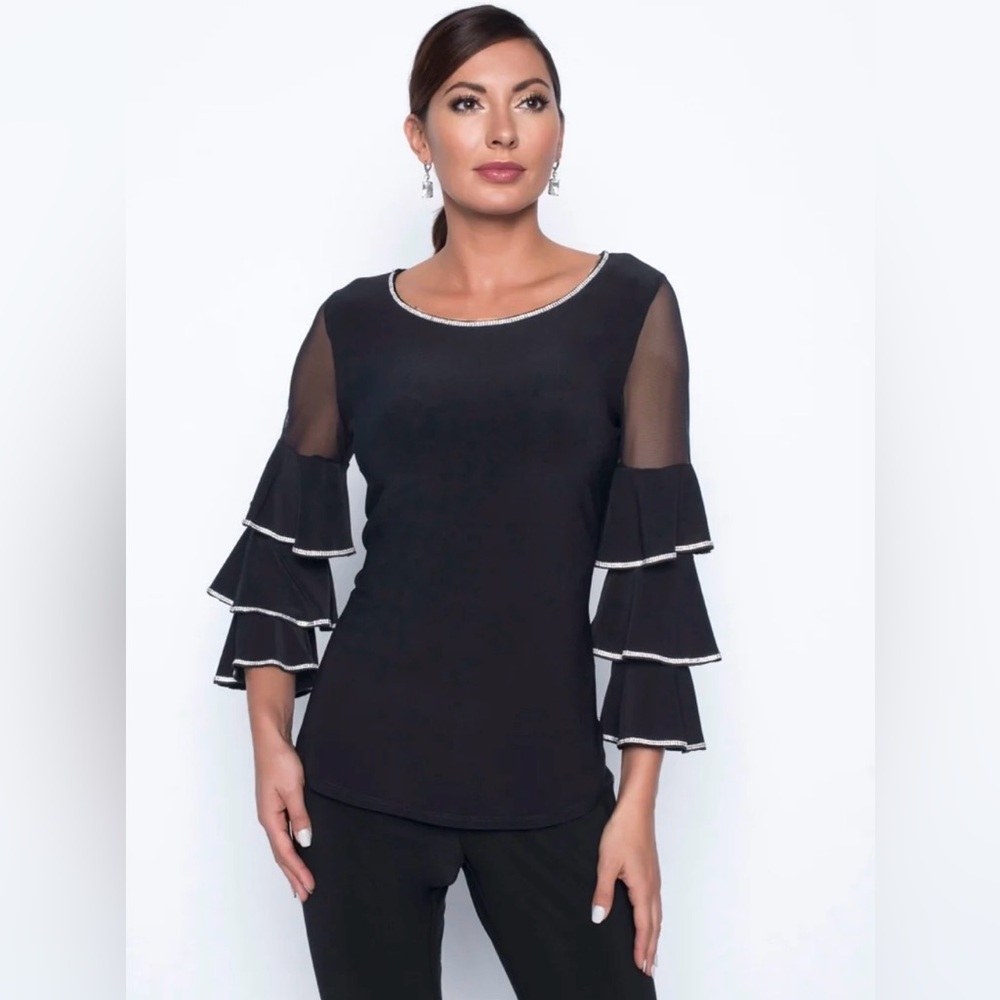 NWOT Frank Lyman Black Ruffle Sleeve Top with Rhinestone Edging size 18